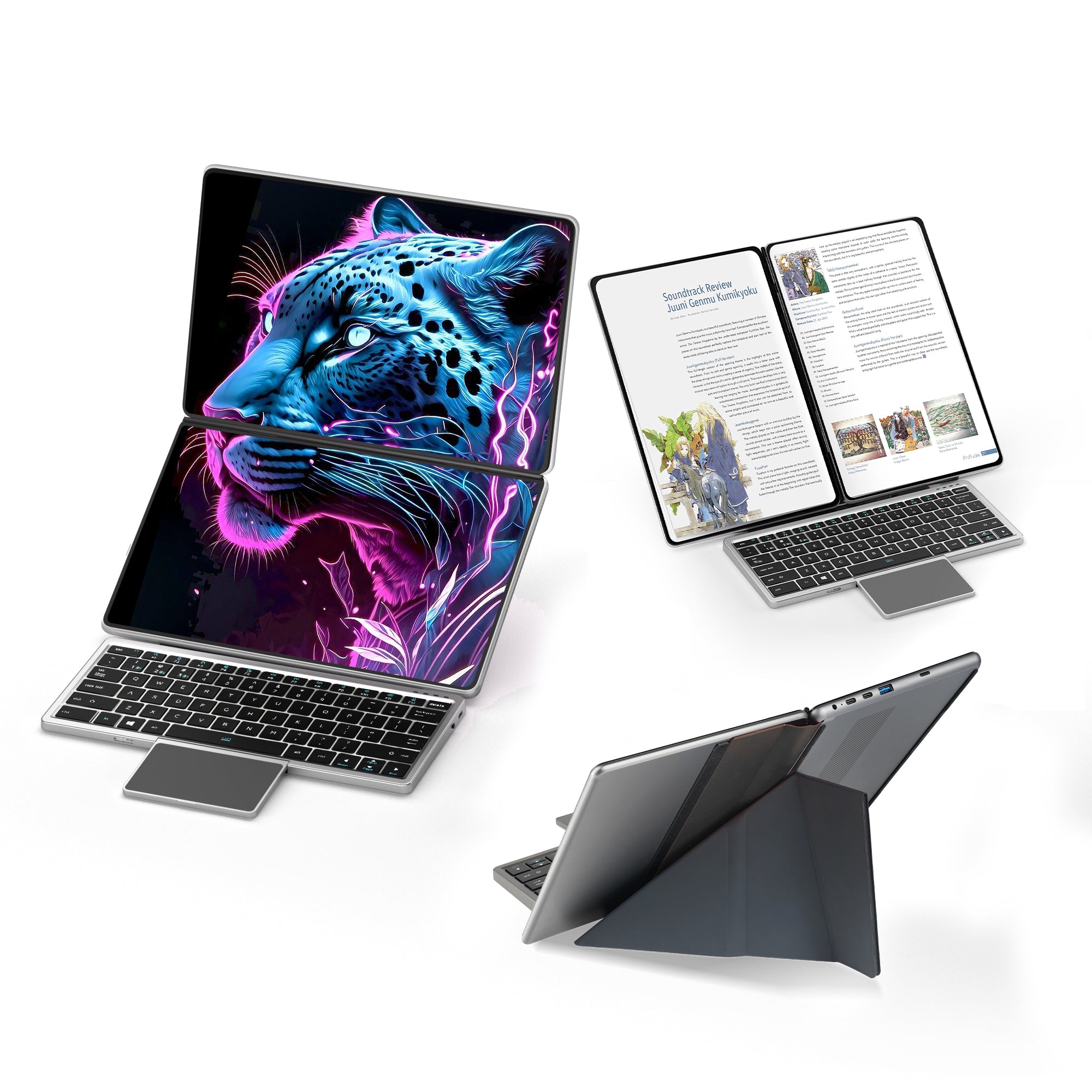 XYLORE DS20 dual-screen laptop in multiple working modes