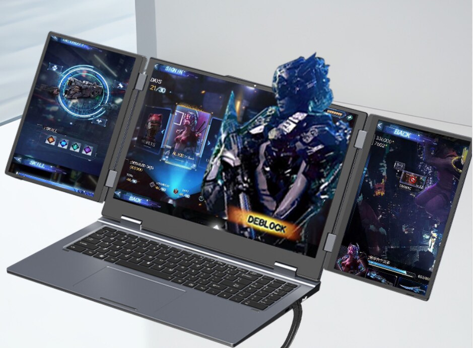 XYLORE MAX16 triple-screen laptop angled view