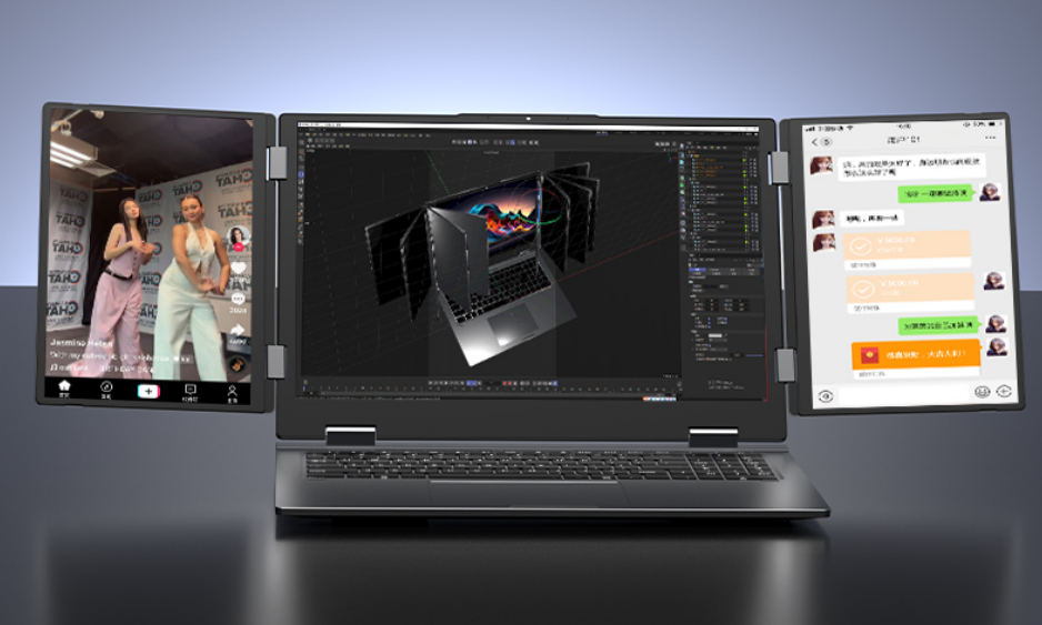 XYLORE MAX16 triple-screen productivity workspace