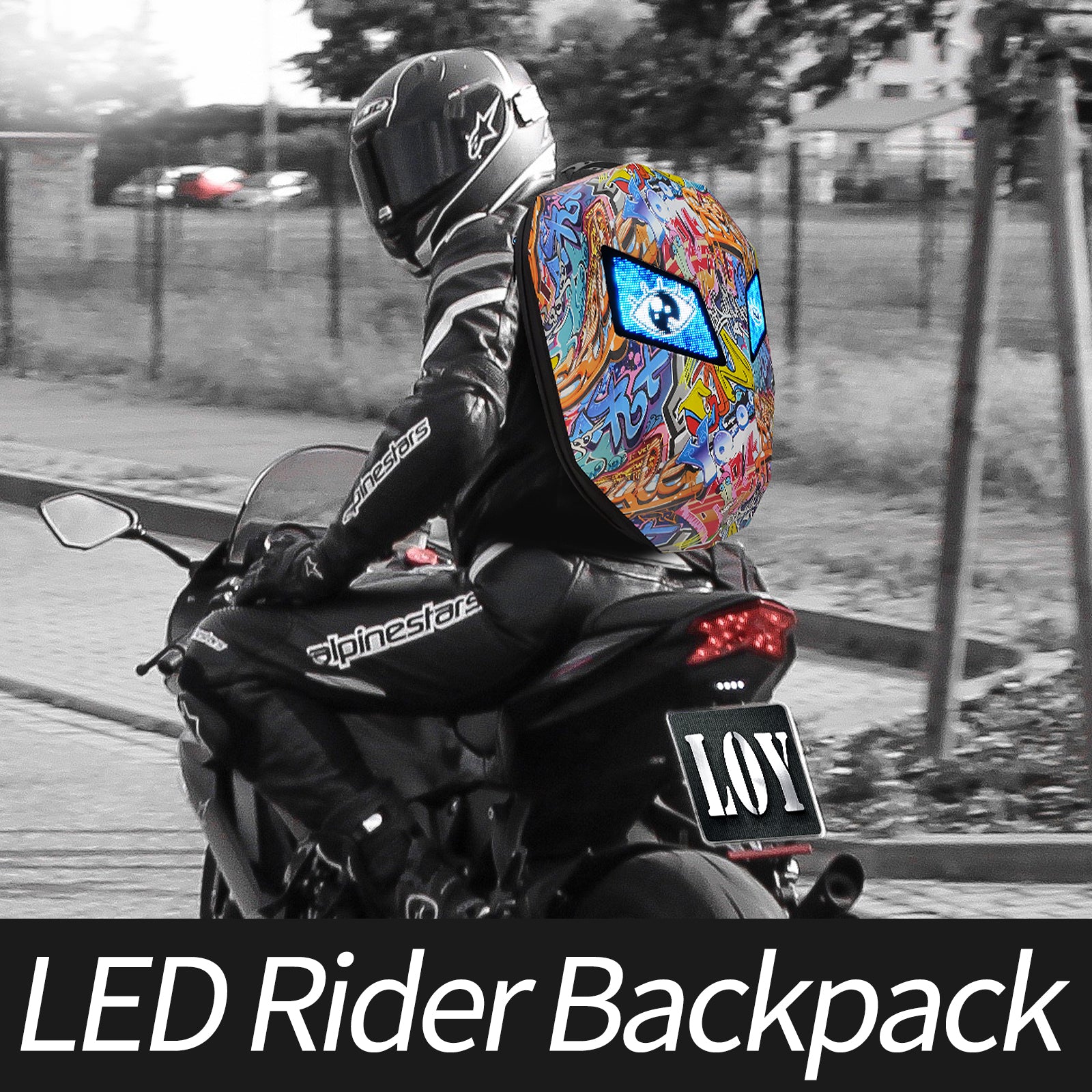 XYLORE Cyber Graffiti Smart LED Rider Backpack worn by motorcyclist