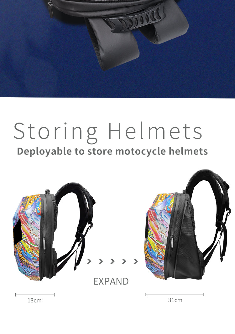 Expandable motorcycle helmet storage compartment