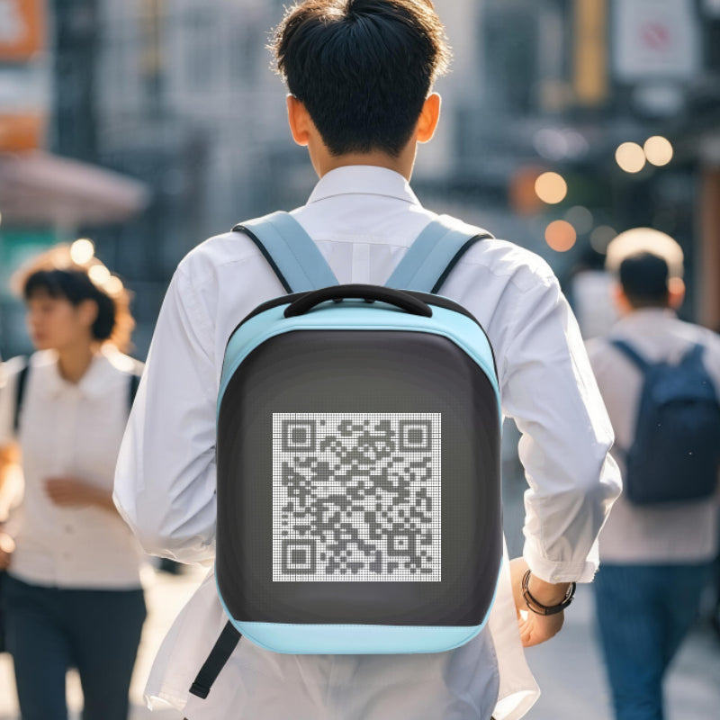 XYLORE T3 blue smart LED backpack displaying QR code